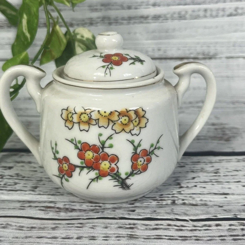 Vintage Hall's Orange Poppy Sugar Bowl & Lid Porcelain with Gold Trim